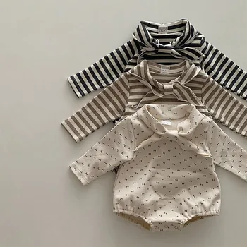 Весенняя одежда для новорожденных 2023 года, хлопковый боди с длинными рукавами и цветочным рисунком для маленьких девочек и мальчиков в полоску, комбинезон с цветочным рисунком