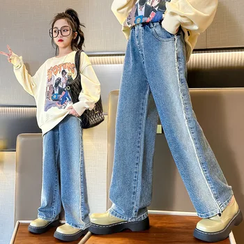 2023 Джинсы в повседневном стиле для девочек, одежда для подростков, эластичные джинсовые широкие брюки с высокой талией, весенние детские прямые брюки от 4 до 14 лет