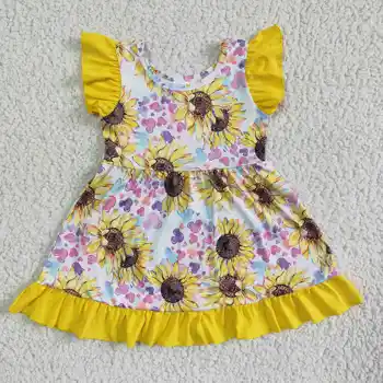 Горячие товары Летняя летающая одежда RTS для малышей, желтые платья с подсолнухами для девочек