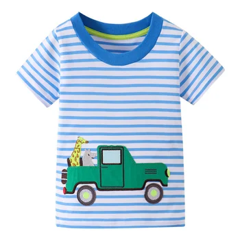 Прыгающие метры от 2 до 7 лет, Новые Летние Хлопковые футболки для мальчиков, топы с аппликацией в виде машинок, футболки в полоску с вышивкой, Детская одежда