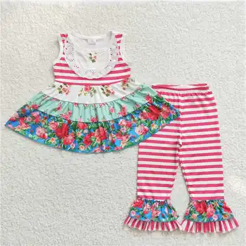 E2-11Summer/ костюм из трехслойной цветочной мозаики в розовую полоску для девочек в стиле вестерн, бутик одежды для маленьких девочек, комплект из двух предметов