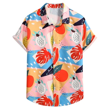 Мужская рубашка с принтом оранжевых фруктовых листьев, Летний бренд 2023, Повседневная Гавайская рубашка с коротким рукавом и пуговицами, Мужские рубашки для вечеринок, Пляжные рубашки для отдыха