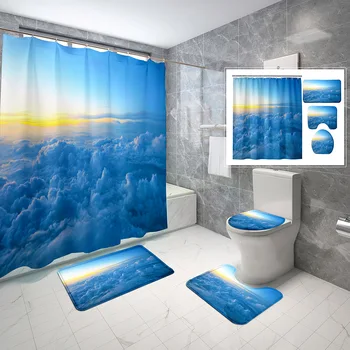 Наборы занавесок для душа Cloud, состоящие из 4 предметов, простые облака голубого неба с нескользящими ковриками, крышка унитаза и набор водонепроницаемых занавесок для душа