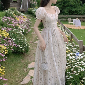 2023 Роскошное дизайнерское платье в стиле французского двора с рукавами-пузырями, Цветочная мягкая тонкая юбка 