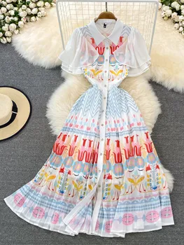 Лето 2022, Шифоновое плиссированное платье с рукавами-бабочками и цветочным принтом, женский воротник рубашки, однобортное Пляжное платье с высокой талией, Vestidos