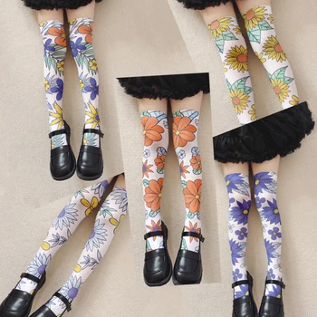 Чулки для девочки-цветочницы в стиле Харадзюку, летние Тонкие бархатные носки для телят с 3D-печатью, модный персонаж в стиле Харадзюку, Милый Розовый