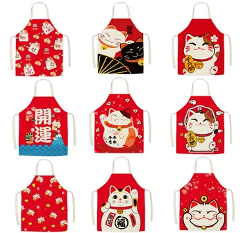 Японские кухонные фартуки Cute Lucky Cat для женщин, готовящих, Детский Льняной фартук для выпечки, аксессуары для кафе