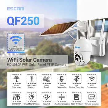 Облачное хранилище ESCAM QF250 1080P, Wi-Fi, батарея, PIR-сигнализация, купольная IP-камера с солнечной панелью, полноцветное ночное видение, двусторонний звук