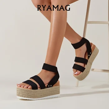 Женская обувь RYAMAG, эспадрильи на танкетке с толстой подошвой, обувь на подошве из пеньковой веревки, женские летние однолинейные женские сандалии