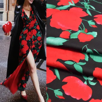 Модный Черный Низ С Крупным Красным Цветочным Принтом Из Высококачественной Однотонной Атласной Ткани Для Брюк-Рубашек Cheongsam Telas T1955