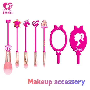Полный набор кисточек для макияжа Barbie с мультяшной принцессой, Портативное зеркальце для макияжа Kawaii Pink Y2K, Кисти для теней для век для девочек, Аксессуары и подарки