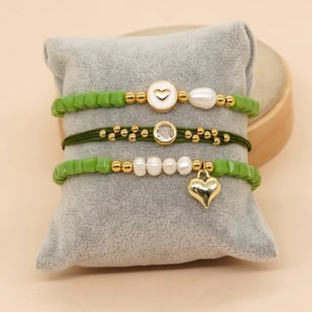 Квадратные браслеты из зеленого хрусталя с пресноводным жемчугом, Позолоченные Браслеты из бисера, Регулируемая Веревка Для женщин, Подарки для дружбы