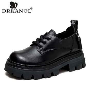Женская обувь на платформе в литературном стиле DRKANOL, 100% Натуральная коровья кожа, круглый носок, молния, Толстый высокий каблук, Обувь ручной работы