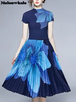 MelonWhale Плиссированная Miyake, Новая женская юбка, комплект из двух предметов, Летний эластичный пуловер с коротким рукавом и принтом, топ с высокой талией 2023 г.