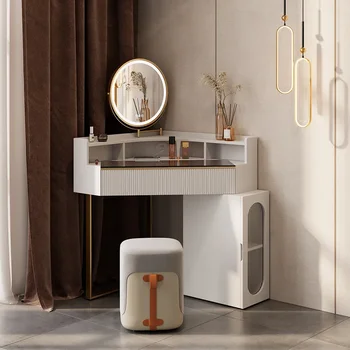 Современный белый угловой туалетный столик с акриловой столешницей, зеркалом, табуреткой и шкафчиком, мебель для спальни