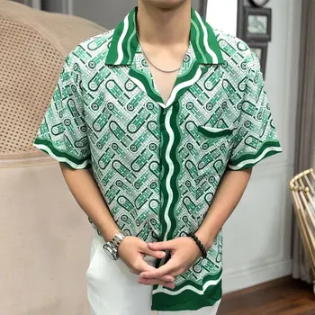 Повседневная праздничная рубашка с принтом, мода 2023, летняя свободная рубашка-кардиган с коротким рукавом и лацканами, мужская Camiseta Manga Longa Masculina