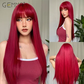 Длинный прямой парик GEMMA Wine Red, синтетический парик для косплея, парики из натуральных волос с челкой для женщин, женский парик из термостойкого волокна