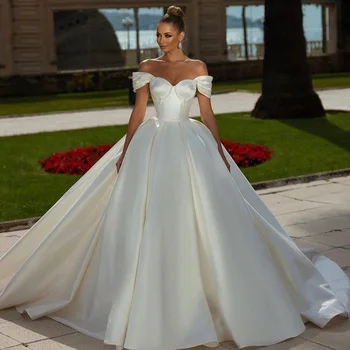 Роскошное бальное свадебное платье 2024 с открытыми плечами, на шнуровке, Сзади, в часовне, со шлейфом, расшитое бисером Свадебное платье, Длинное Вечернее платье невесты, Белое