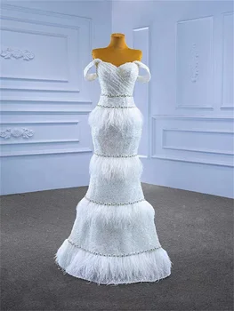 Свадебное платье Классическое Бандо с открытыми плечами, без рукавов, дизайн ремешка сзади, блестки, перья с жемчужной бахромой, Элегантное торжественное платье 2023 года выпуска