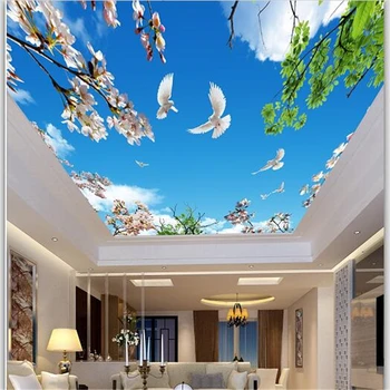 изготовленные на заказ крупномасштабные обои wellyu 3d голубое небо высокой четкости белые облака цветы ветви зеленые листья потолочные фрески zenith