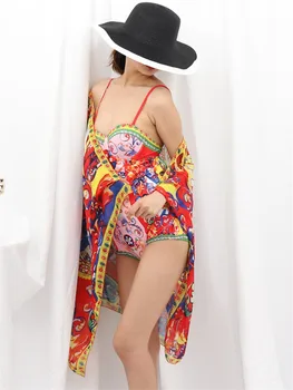 Цельный купальник, женские купальники 2021, женское пляжное боди с открытой спиной, бикини с принтом, накидка, купальный костюм, Монокини, пляжная одежда