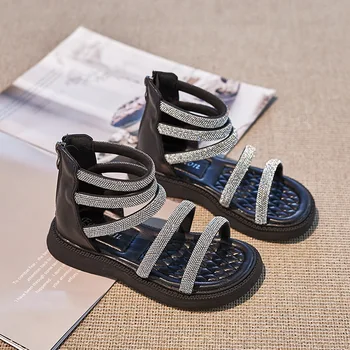 Сандалии для девочек 2023, Летние новые модные детские римские сандалии со стразами, нескользящая мягкая детская пляжная обувь принцессы G980