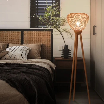Древнекитайский стиль, напольный светильник, Бамбуковая лампа для гостиной, Чайная комната, японская кровать для завтрака, спальня, декоративная настольная лампа из ротанга