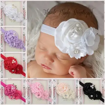 Yundfly Шикарная повязка на голову для новорожденных с рюшами и цветочными кристаллами, эластичная повязка на голову, детская лента для волос