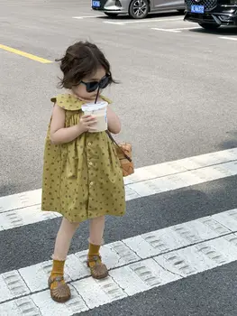 2023 Летнее платье-майка для девочек в корейском ретро-стиле в горошек, Модное Свободное платье на пуговицах без рукавов с кукольным вырезом.
