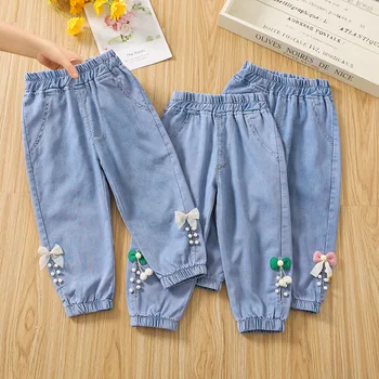 Тонкие джинсы для девочек Лето 2023, Модные детские Джинсовые Мягкие брюки для девочек от 1 до 5 лет, Одежда для малышей, Длинные брюки, Леггинсы