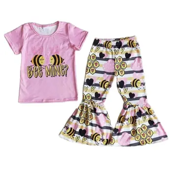 День Святого Валентина Детская одежда Розовый комплект для маленьких девочек Наряд Bee Mine Детская весенняя одежда в полоску с колокольчиками