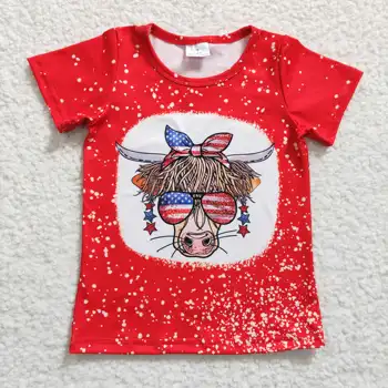 2023 Новый дизайн RTS БЕЗ MOQ Отбеленная одежда для маленьких девочек Детские топы с коровьим принтом Детские красные футболки