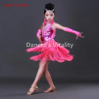 2017 Детская юбка для латиноамериканских танцев с кисточками, детские платья для латиноамериканских танцев в стиле румба, костюмы для латиноамериканских танцев с блестками для девочек