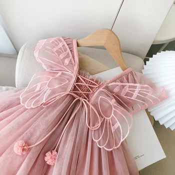Детское платье с оборками и рукавами-бабочками для маленьких девочек, летняя одежда, пыльно-розовый сарафан в стиле Лолиты, повседневная одежда
