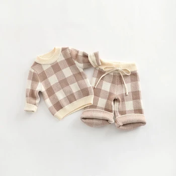 Весенне-осенняя Детская вязаная Мягкая одежда в Корейском стиле для новорожденных мальчиков и девочек, клетчатый костюм, пуловер с длинными рукавами для малышей + брюки 2 шт.