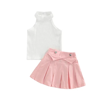 Комплект Летней одежды для маленьких девочек, однотонный жилет без рукавов в рубчик + плиссированная юбка трапециевидной формы