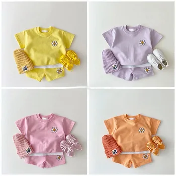 Комплекты детской одежды для девочек 2023 года, Корейские детские летние топы с короткими рукавами и цветочным рисунком + шорты, костюмы из 2 предметов, детская одежда, одежда для отдыха для мальчиков, наряды