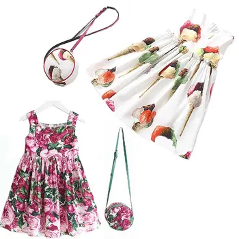 2 шт./компл. Юбка + сумка с принтом, хлопковое платье для девочек, платье с цветочным узором для девочек, летнее платье-пачка с принтом для девочек 2-9 лет, одежда