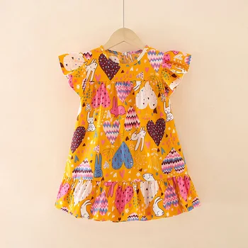 Летние хлопковые платья трапециевидной формы, сарафан, элегантное платье, кружевная детская одежда без рукавов с мультяшным цветочным принтом для девочек