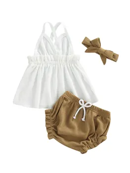 Летние наряды для новорожденных девочек, жилет без рукавов с V-образным вырезом и рюшами, треугольные шорты, повязка на голову с бантом, костюм-тройка