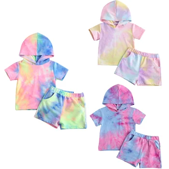 FOCUSNORM/ Комплекты летней одежды для новорожденных девочек от 1 до 5 лет, Топы с капюшоном и принтом в виде галстука-красителя, Шорты, 2 предмета, 2 предмета