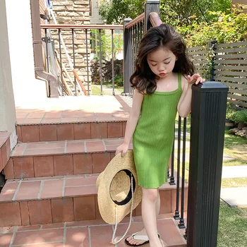 Зеленое мини-платье на подтяжках в корейском стиле для маленьких девочек, детские платья для малышей, трикотажное платье, облегающее платье от 2 до 12 лет
