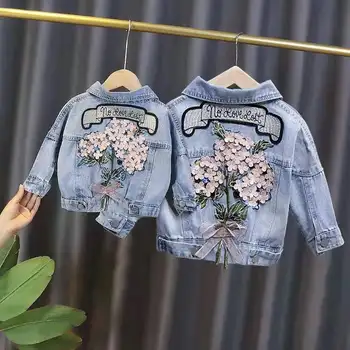 Новые весенне-осенние детские джинсовые куртки для девочек, пальто с цветочной вышивкой, модная детская верхняя одежда, рваные джинсовые куртки