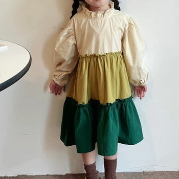 Осеннее платье в стиле пэчворк с длинным рукавом, повседневное платье в корейском стиле, свободная детская одежда для 3-7 лет