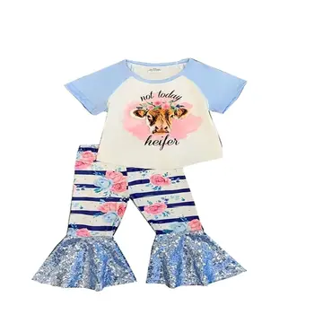 Весенне-летний модный бутик детской одежды, синий топ с милым принтом в виде головы коровы, костюм с брюками в полоску