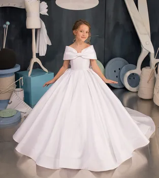 Элегантные белые атласные платья с цветочным узором для девочек, платье для свадебной вечеринки, платье для маленьких девочек, пышное платье принцессы, платье с бантом для первого причастия