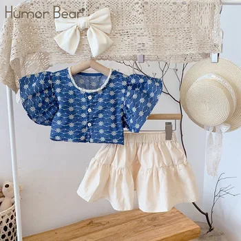 Комплект одежды для девочек, летняя модная рубашка с рукавами-рюшами и юбкой в цветочек, 2 предмета одежды для малышей от 3 до 7 лет