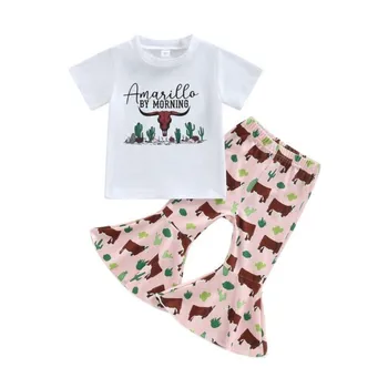 Белый топ с короткими рукавами и принтом в виде коровы, травы и кактуса, розовые расклешенные брюки, комплект летней одежды для девочек из бутика Оптом