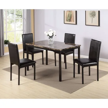 Мраморный обеденный стол из 5 предметов, набор для кухни небольшого пространства, 4 стула из искусственной кожи с металлическими ножками, мебель для домашней кухни, черный