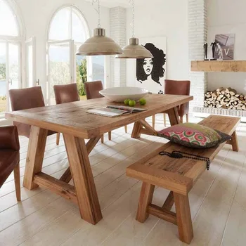 Обеденный стол из массива дерева в винтажном стиле, цвет Сассафрас, большой дощатый стол в скандинавском ресторане с проживанием в семье, журнальный столик